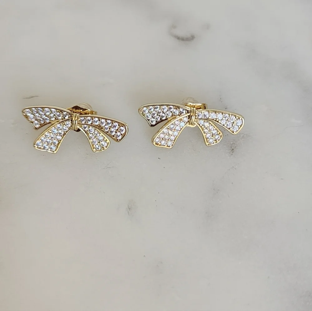 Gold Plated CZ Bow Stud Earrings Dainty Ribbon Coquette Jewelry.